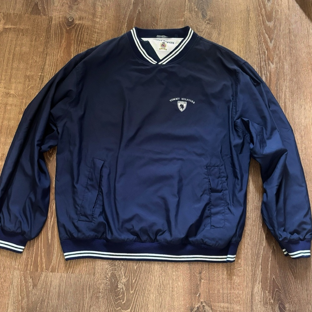 Vintage 90s Tommy Hilfiger Crest Windbreaker Jacket Navy Blue V-Neck Size Large